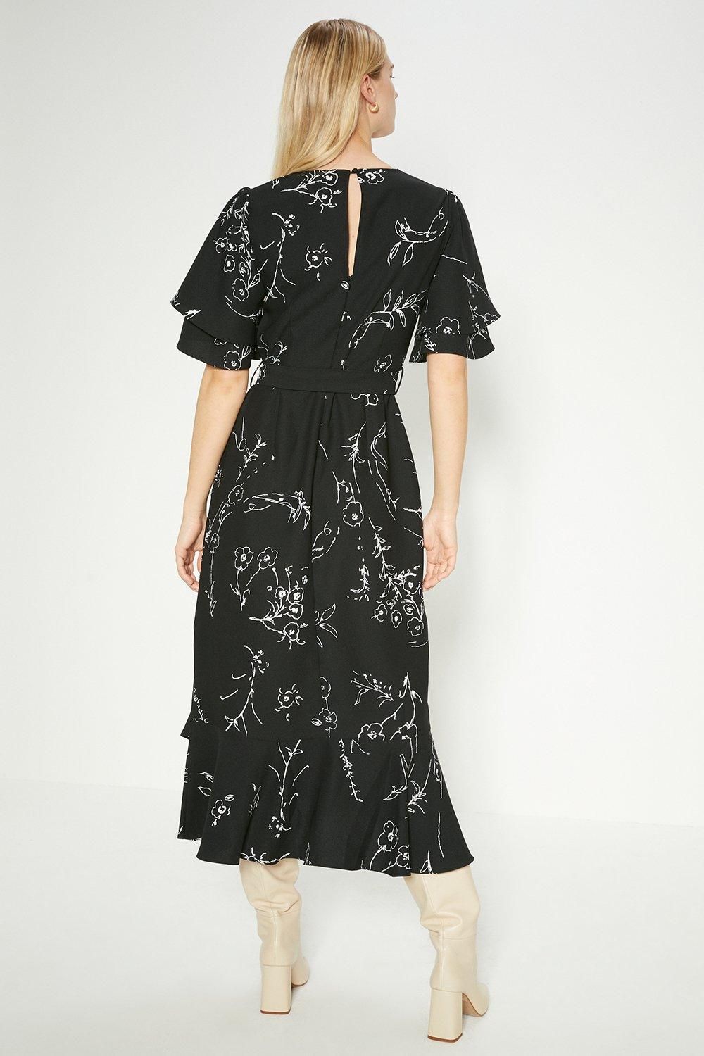Oasis Petite Mono Floral Printed Frill Detail Belted Midi Dress Black image 3