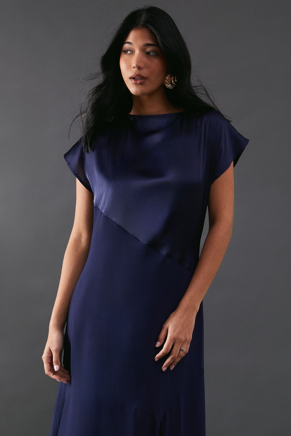 Warehouse Satin Georgette Panelling Asymmetric Hem Midi Dress Navy image 4