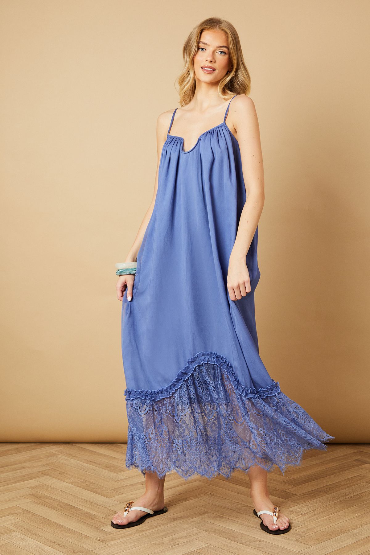 Oasis Babydoll Floaty Lace Detail Maxi Dress Blue image 1