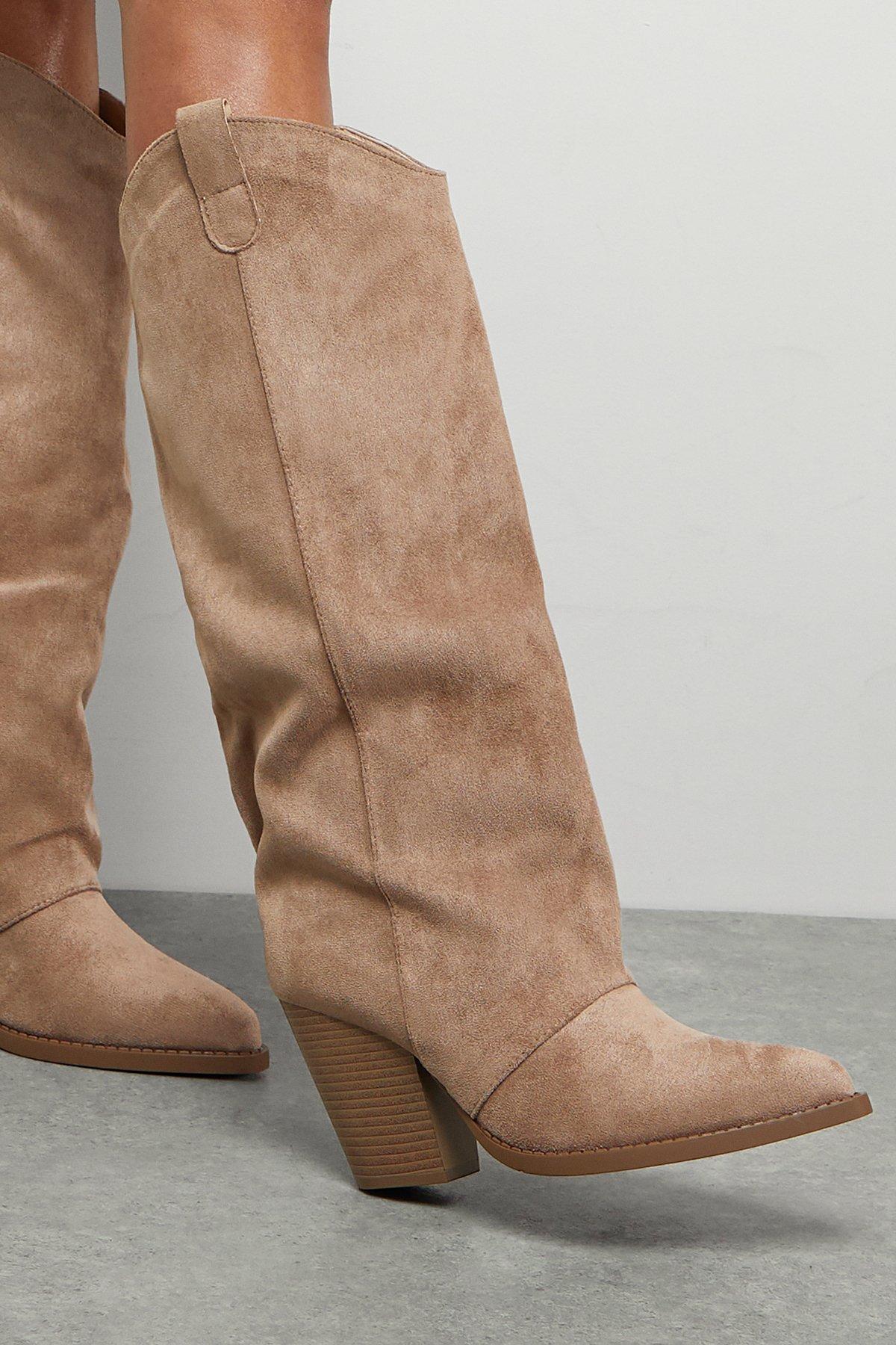 Oasis Faith: Alma Faux Suede Straight Leg Western Knee Boots Beige image 4