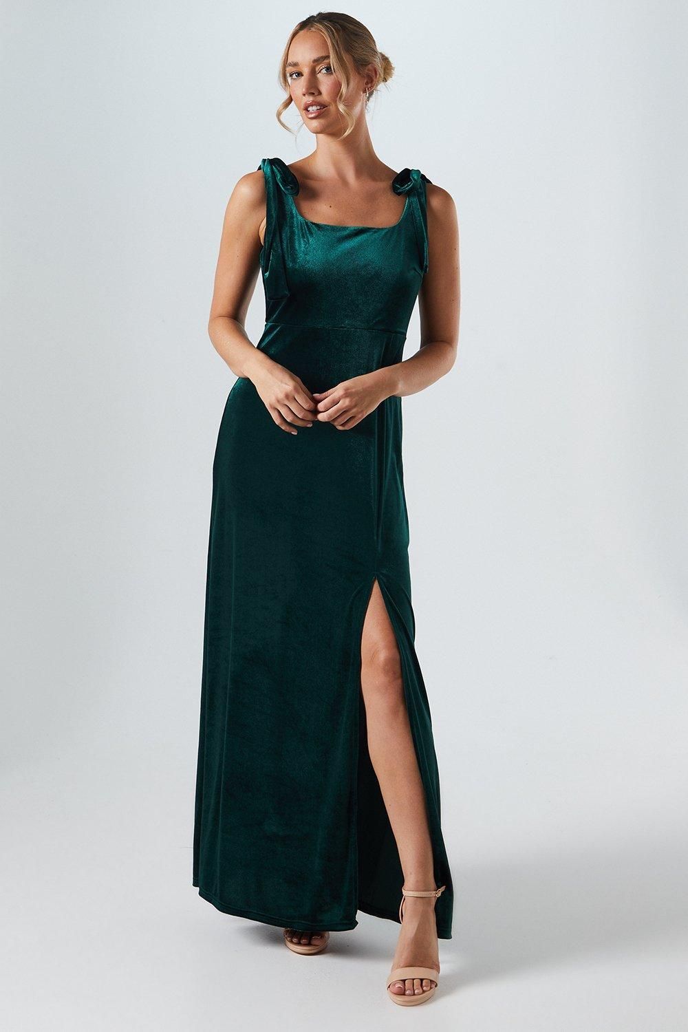 Oasis Tie Shoulder Velvet Bridesmaid Maxi Dress Emerald image 1