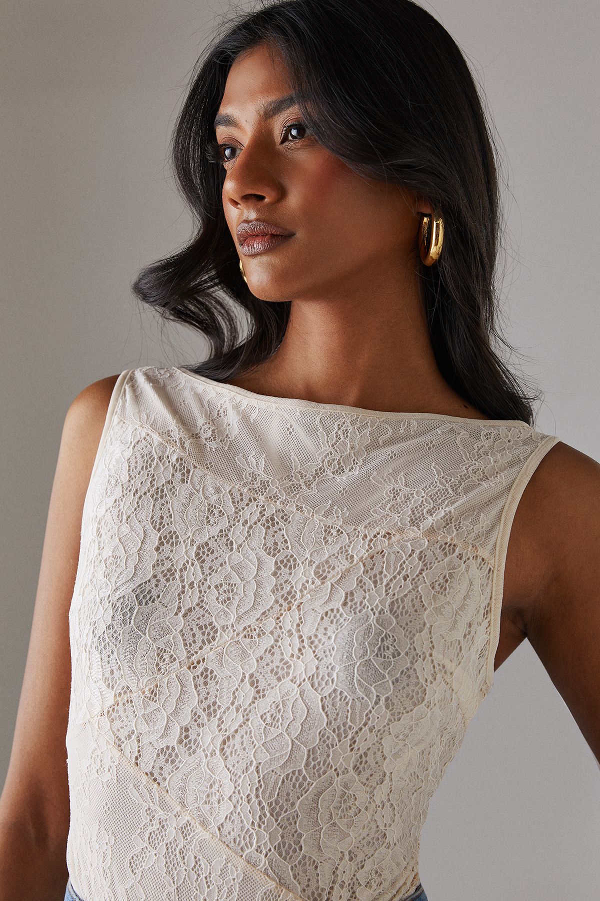 Warehouse Lace Panelled Sleeveless Bodysuit Cream image 2