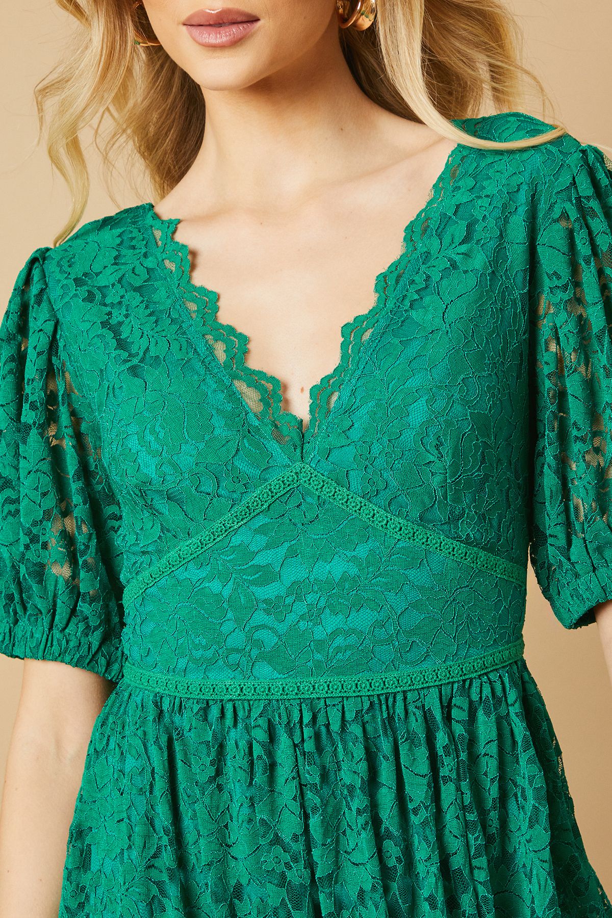 Oasis Lace Puff Sleeve V Neck Midaxi Dress Green image 4