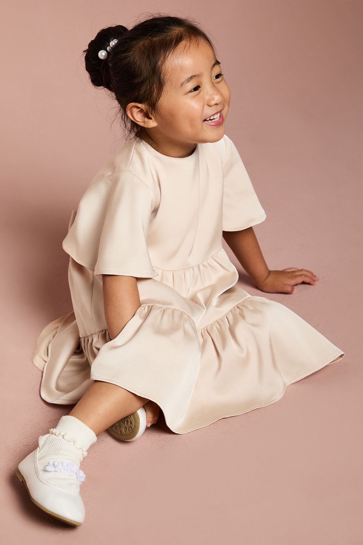 Coast Girls Satin Back Crepe Tiered Angel Sleeve Dress Champagne image 1