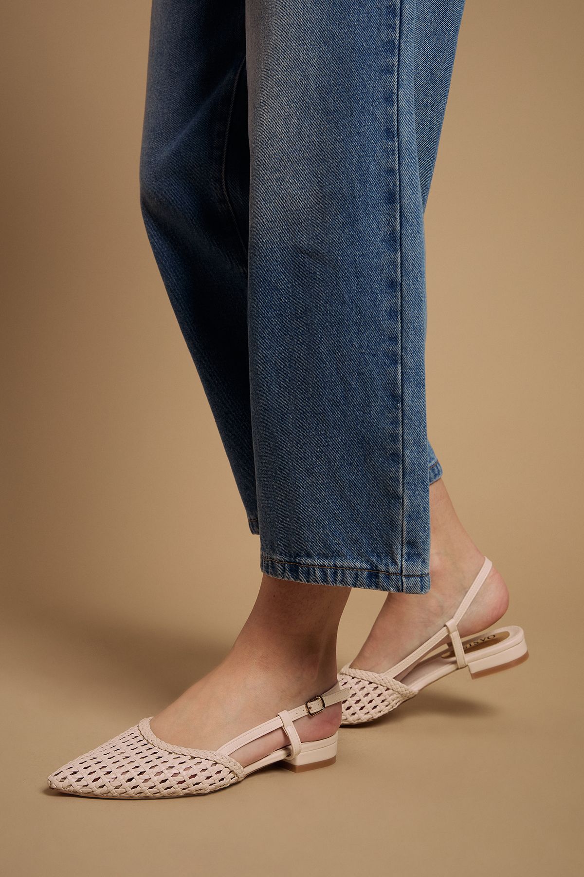 Oasis Brandie Faux Leather Woven Slingback Pointed Flat Shoes Beige