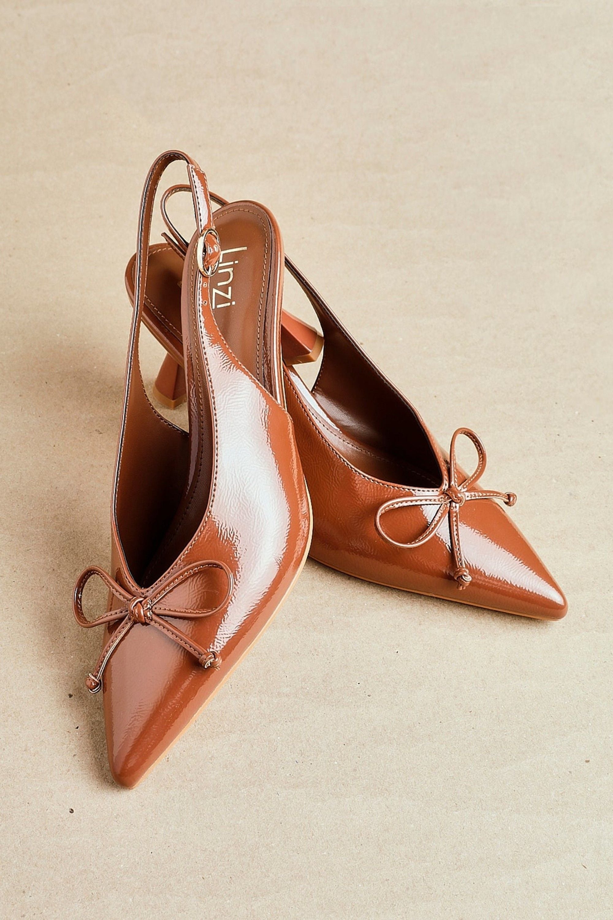 Linzi Ribbon Caramel Faux Leather Slingback Court Heel image 6