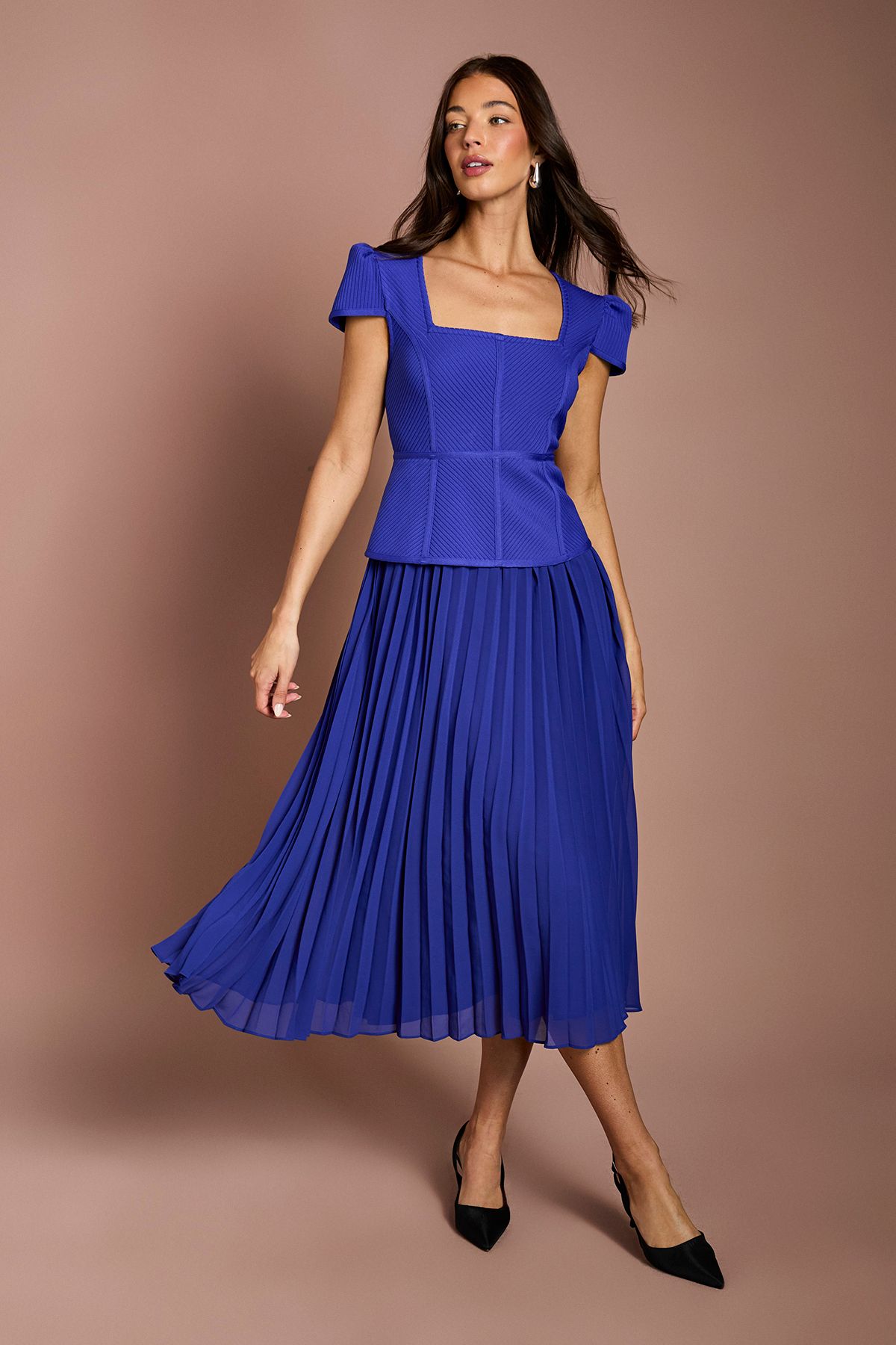 Coast Cap Sleeve Bandage Bodice Pleated Skirt Midi Dress Cobalt