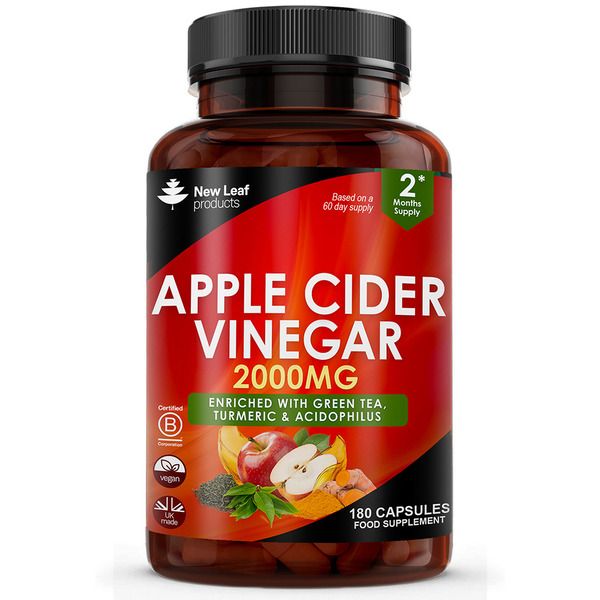 New leaf health Apple Cider Vinegar Capsules - 180 High Strength Apple Cider Vinegar with Mother Capsules + Probiotics, Tumeric & Ginger