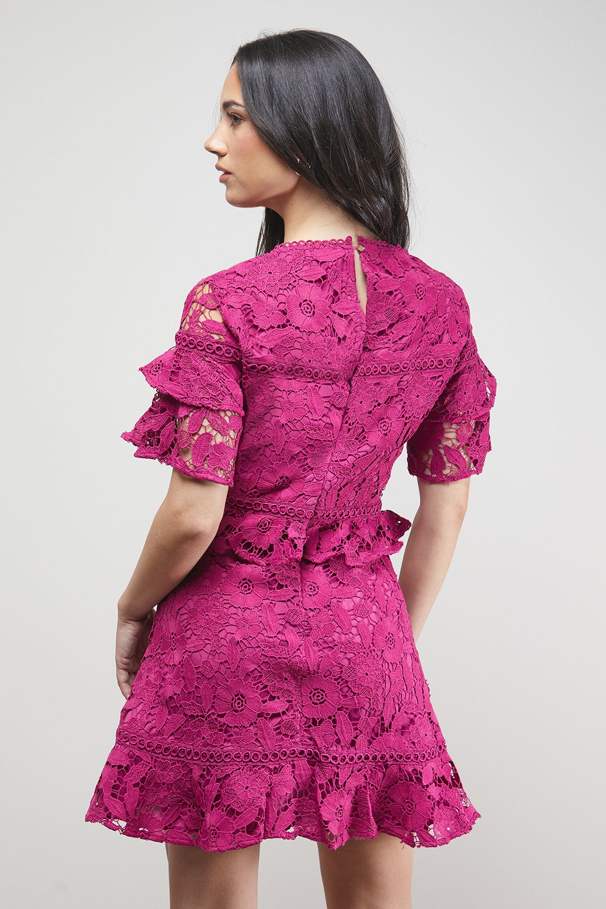 Oasis Lace Trim Detail Frill Sleeve Mini Dress Purple image 3