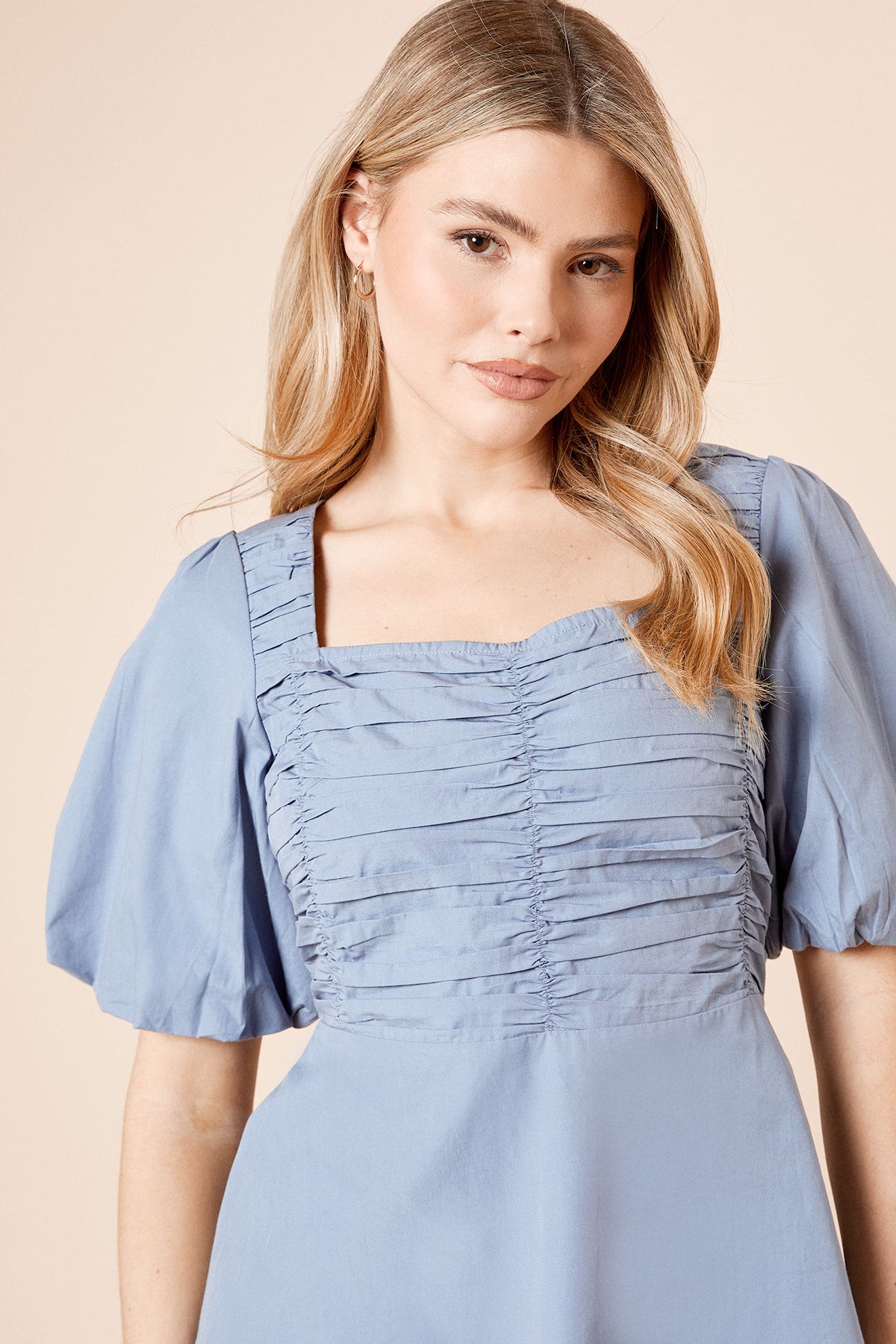 Dorothy Perkins Poplin Puff Sleeve Ruched Bodice Blouse Blue image 3