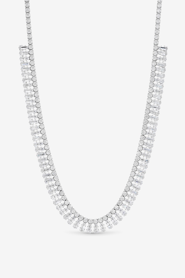 Jon Richard Rhodium Plated and Crystal Double Row Baguette Necklace