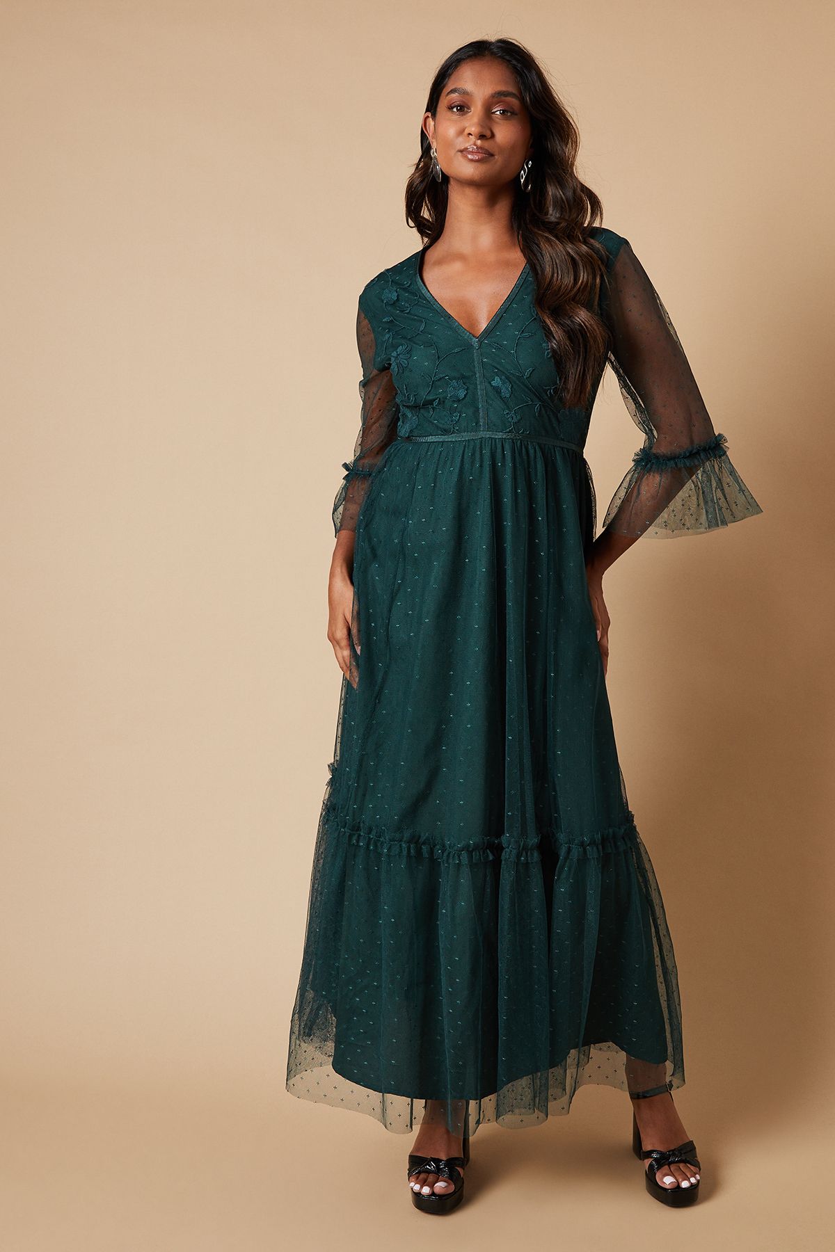 Oasis Occasion Embroidered Mesh Tiered Midaxi Dress Green image 1