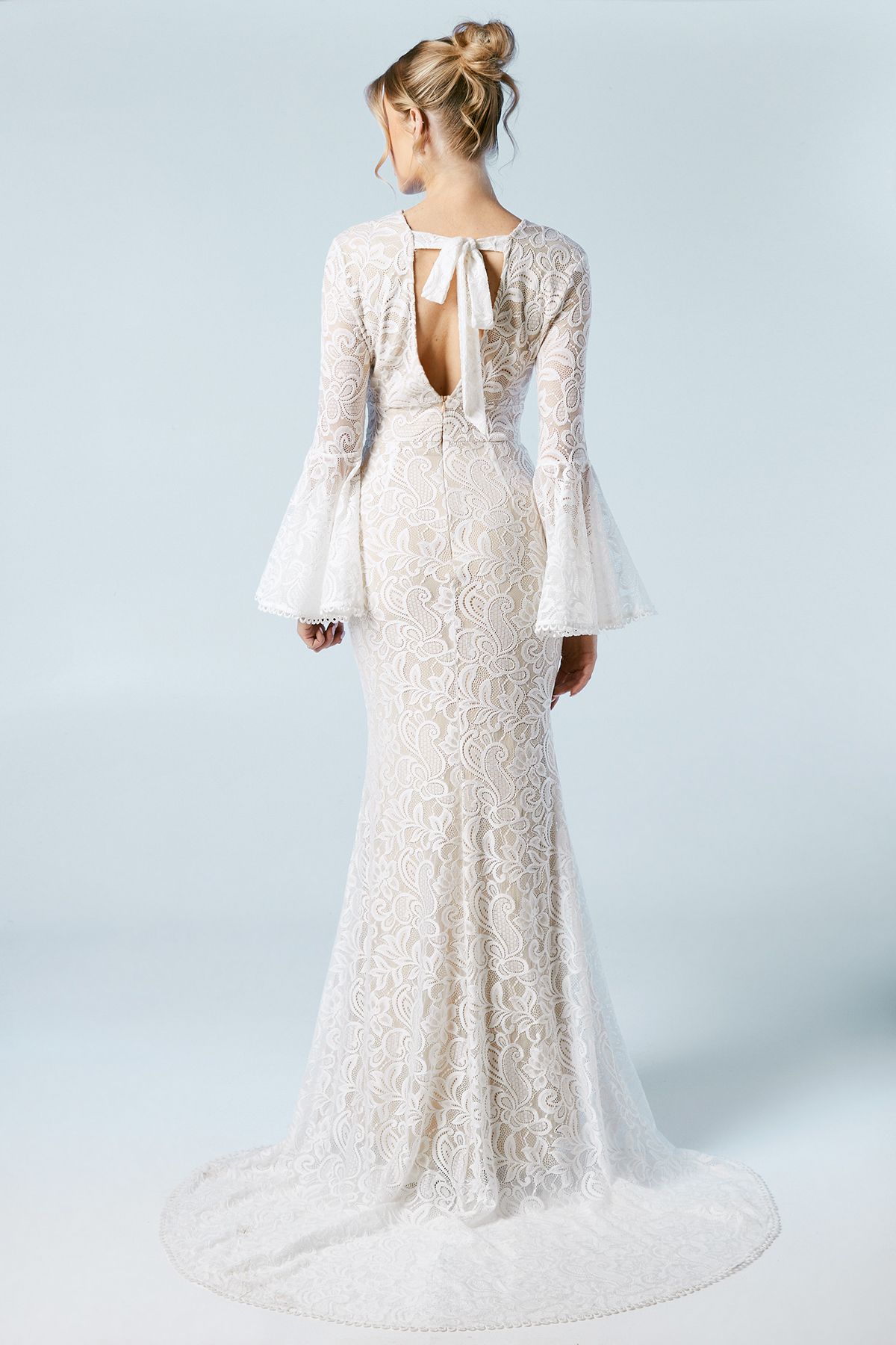 Oasis Flare Sleeve Boho Stretch Lace Fishtail Wedding Dress Ivory image 4