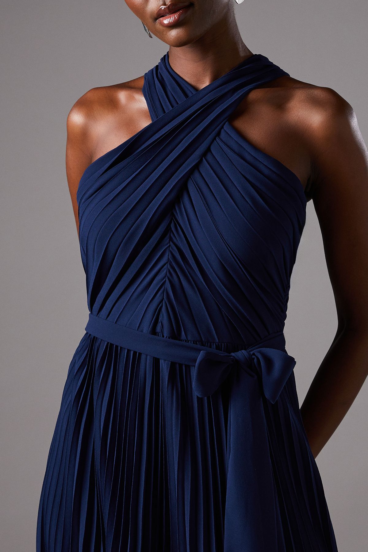 Coast Pleated Halter Neck Lace Insert Midi Dress Navy image 5