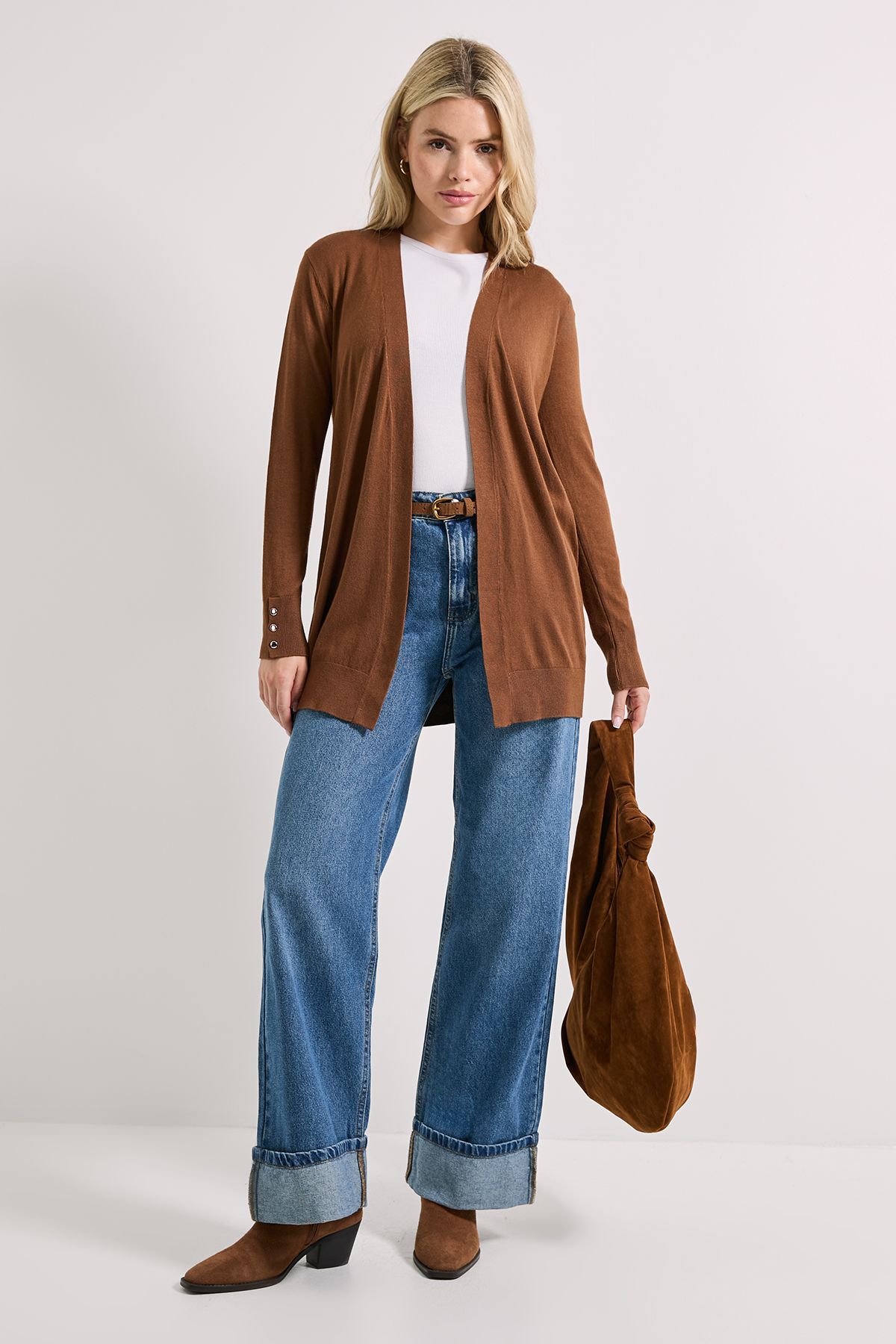 Dorothy Perkins Chocolate Longline Button Cuff Cardigan Chocolate image 1