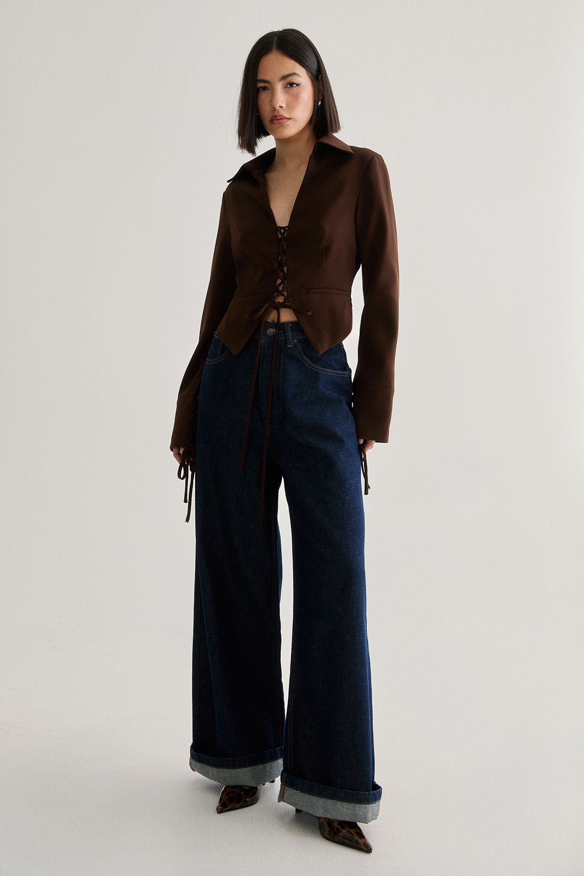 NastyGal Tailored Lace Front Jacket Chocolate image 2