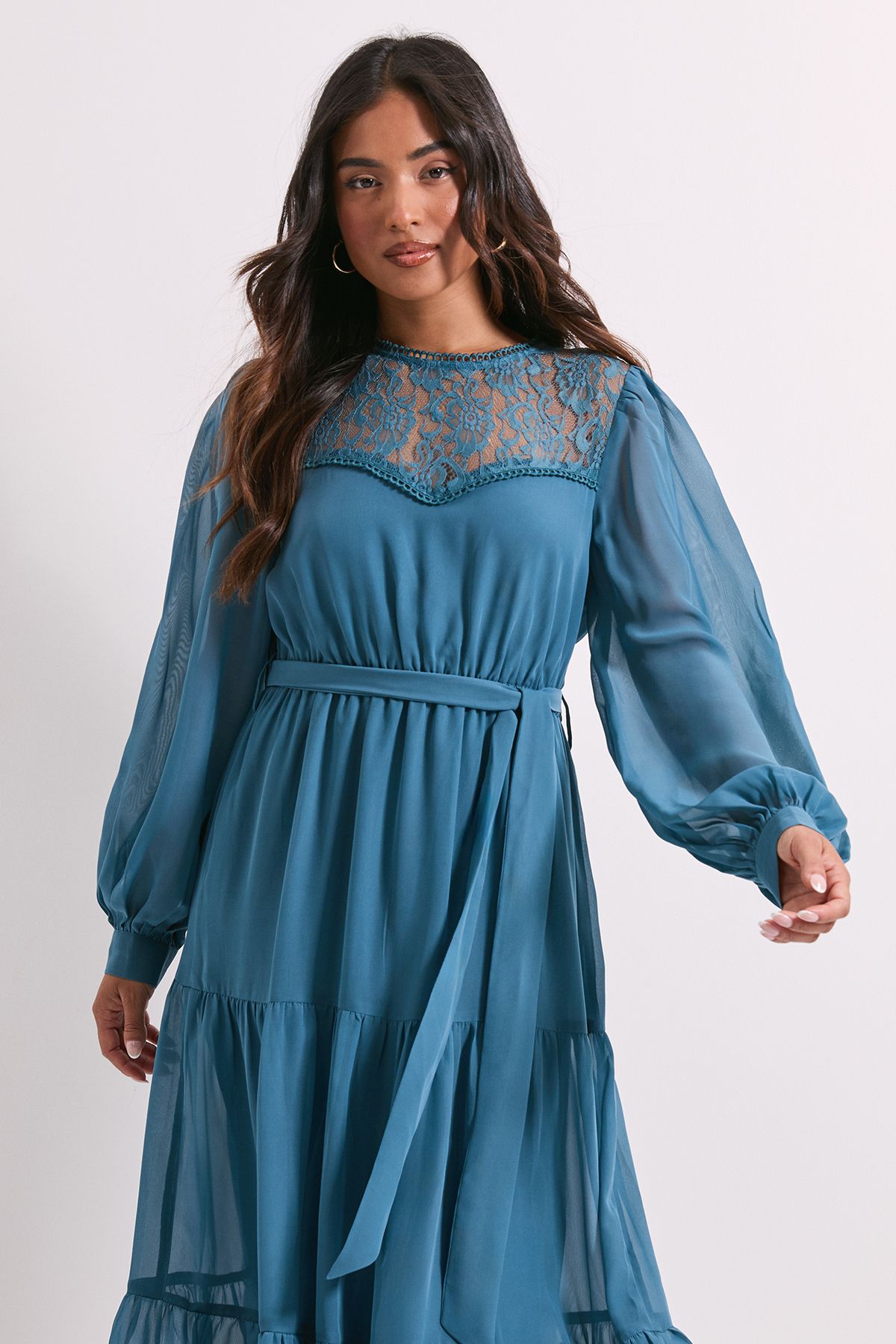 Dorothy Perkins Petite Lace Yoke Blouson Sleeve Tiered Midaxi Dress Blue image 2