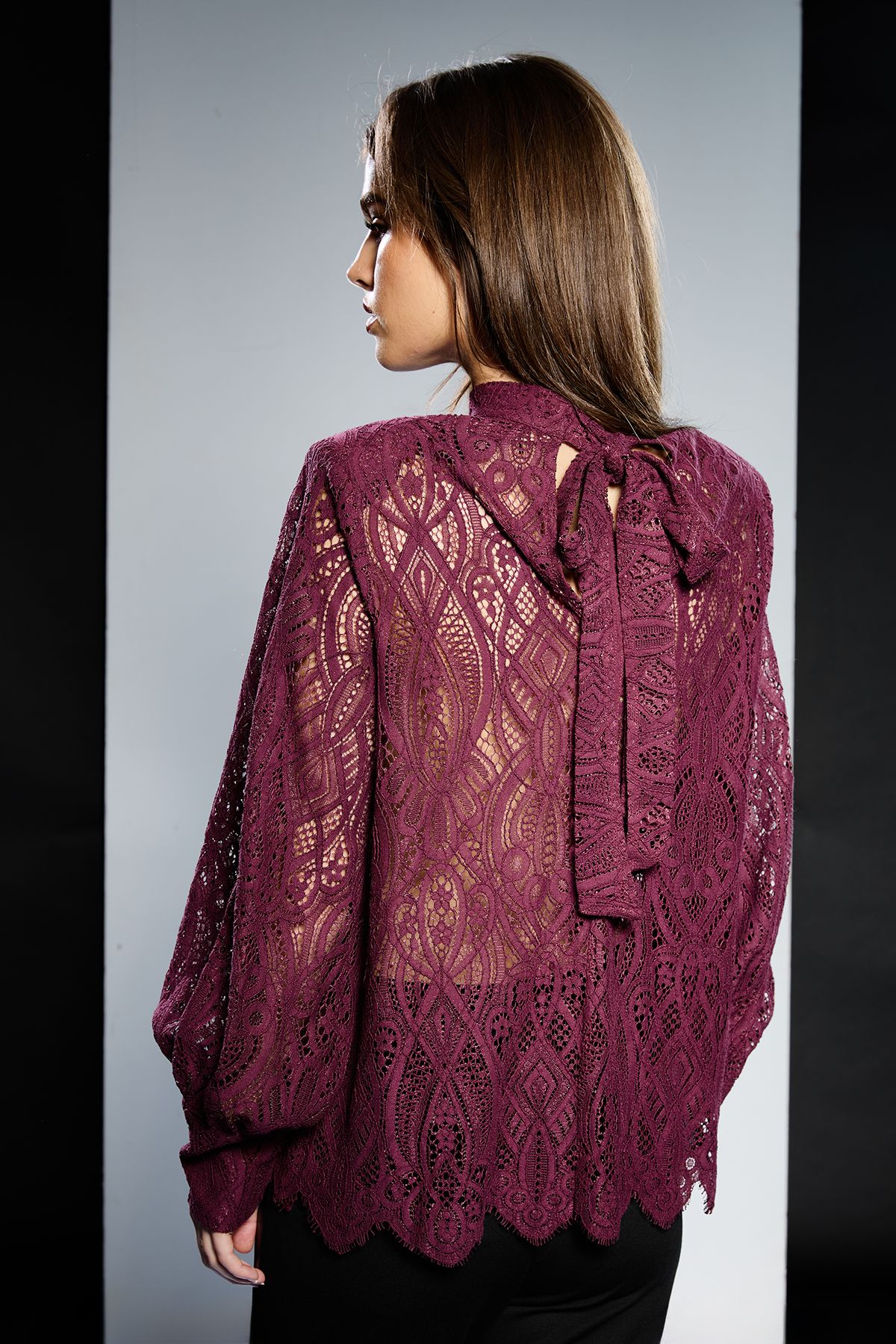 RUNWAY 1.8.1.8 Runway 1.8.1.8 Lace Tie Neck Blouse Berry image 3