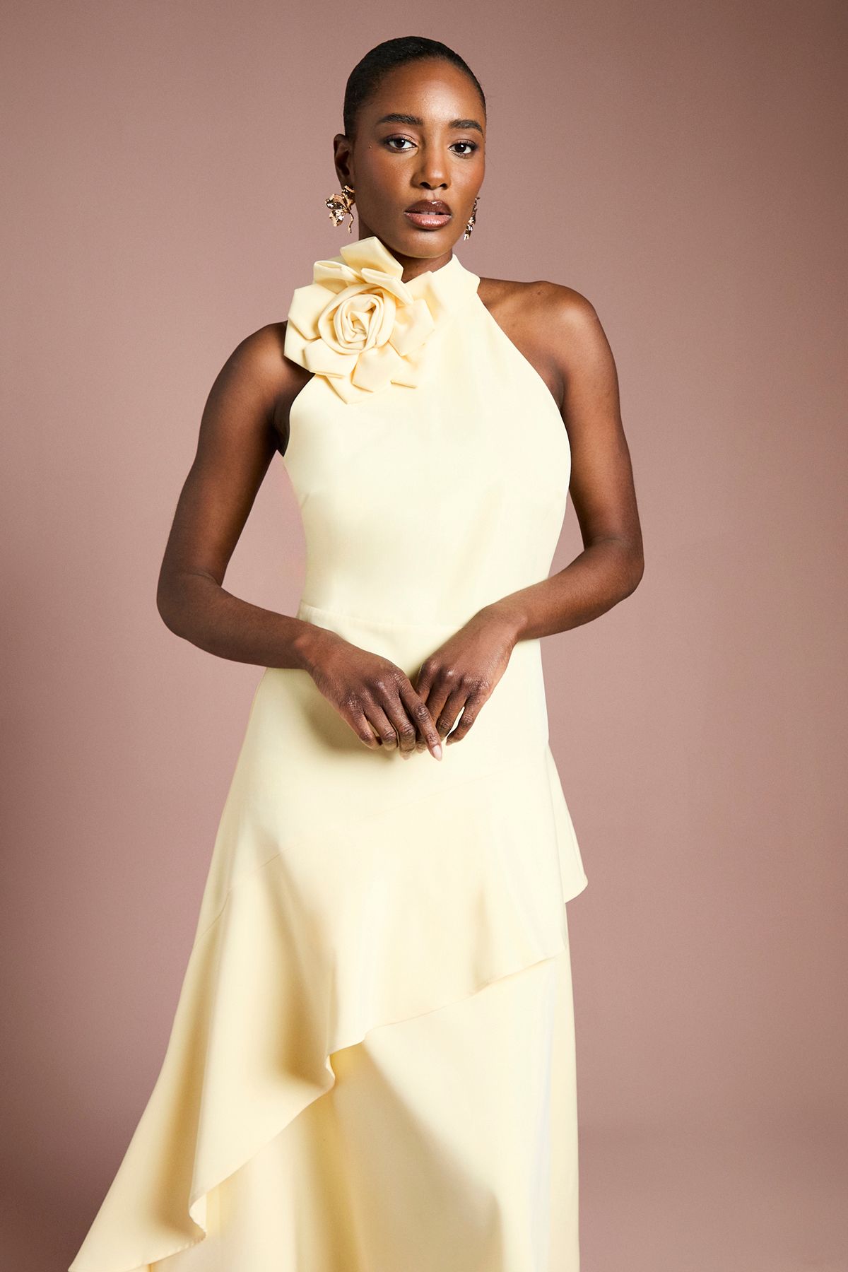 Coast High Neck Corsage Detail Midi Dress Lemon image 2