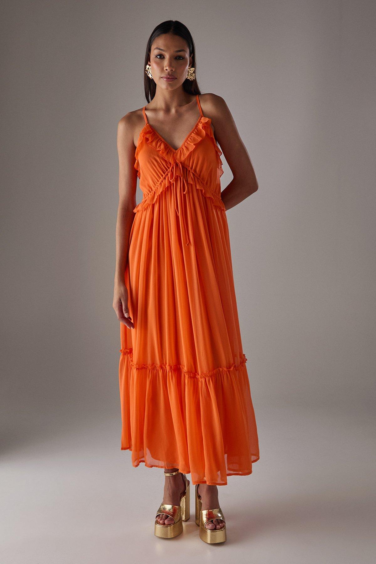 Warehouse HCD Chiffon Ruffle Strappy Floaty Maxi Dress Orange image 1