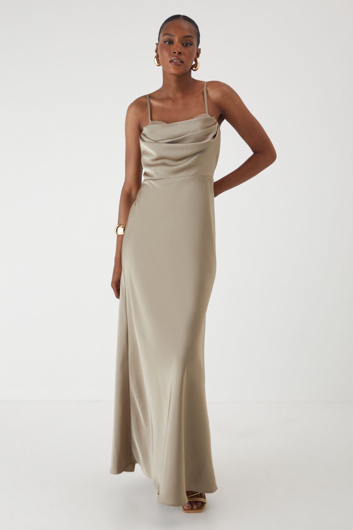 MissPap Satin Cup Drape Bust Maxi Dress Bronze
