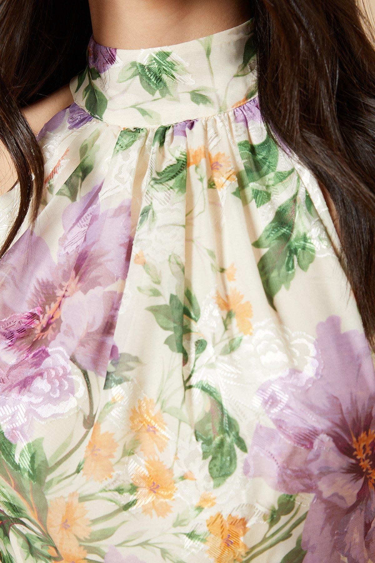 Oasis Floral Satin Burnout Halterneck Midi Dress Ivory image 5