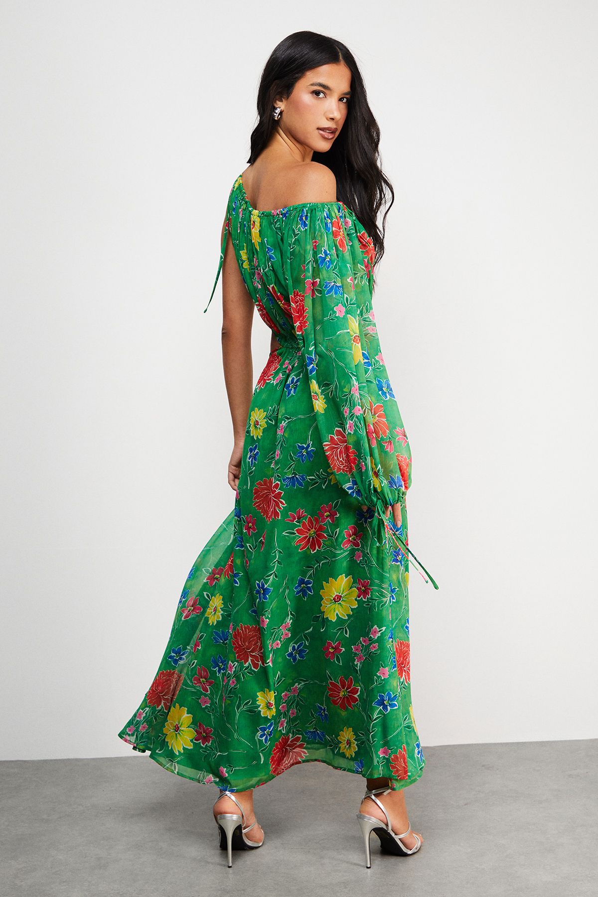 Warehouse Chiffon One Shoulder Balloon Sleeve Cut Out Midi Dress Floral image 3