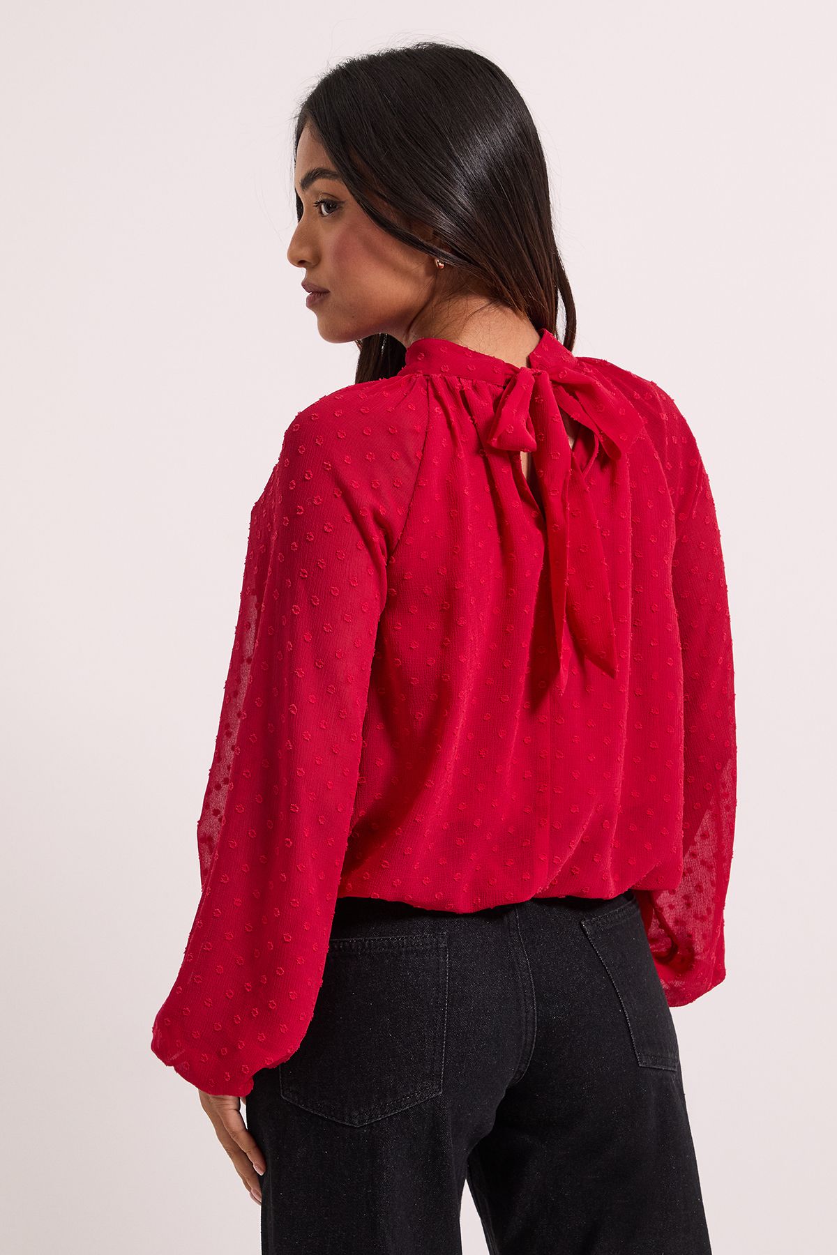 Dorothy Perkins Petite Tie Neck Keyhole Blouson Sleeve Blouse Red image 4