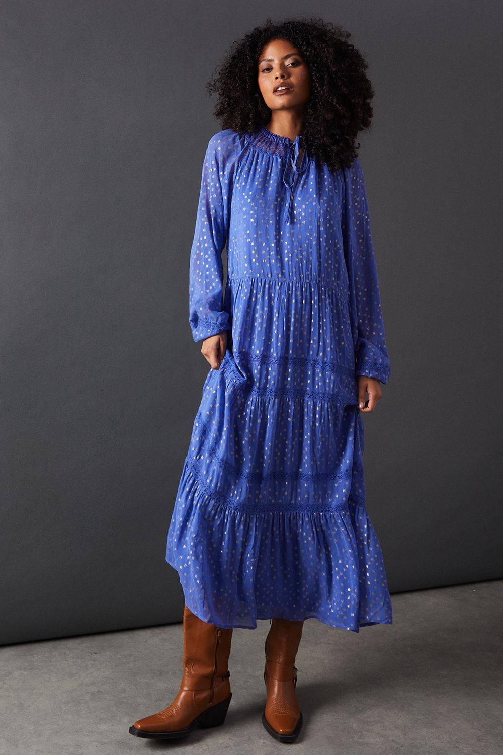 Warehouse Metallic Jacquard Dobby Lace Insert Midi Smock Dress Blue