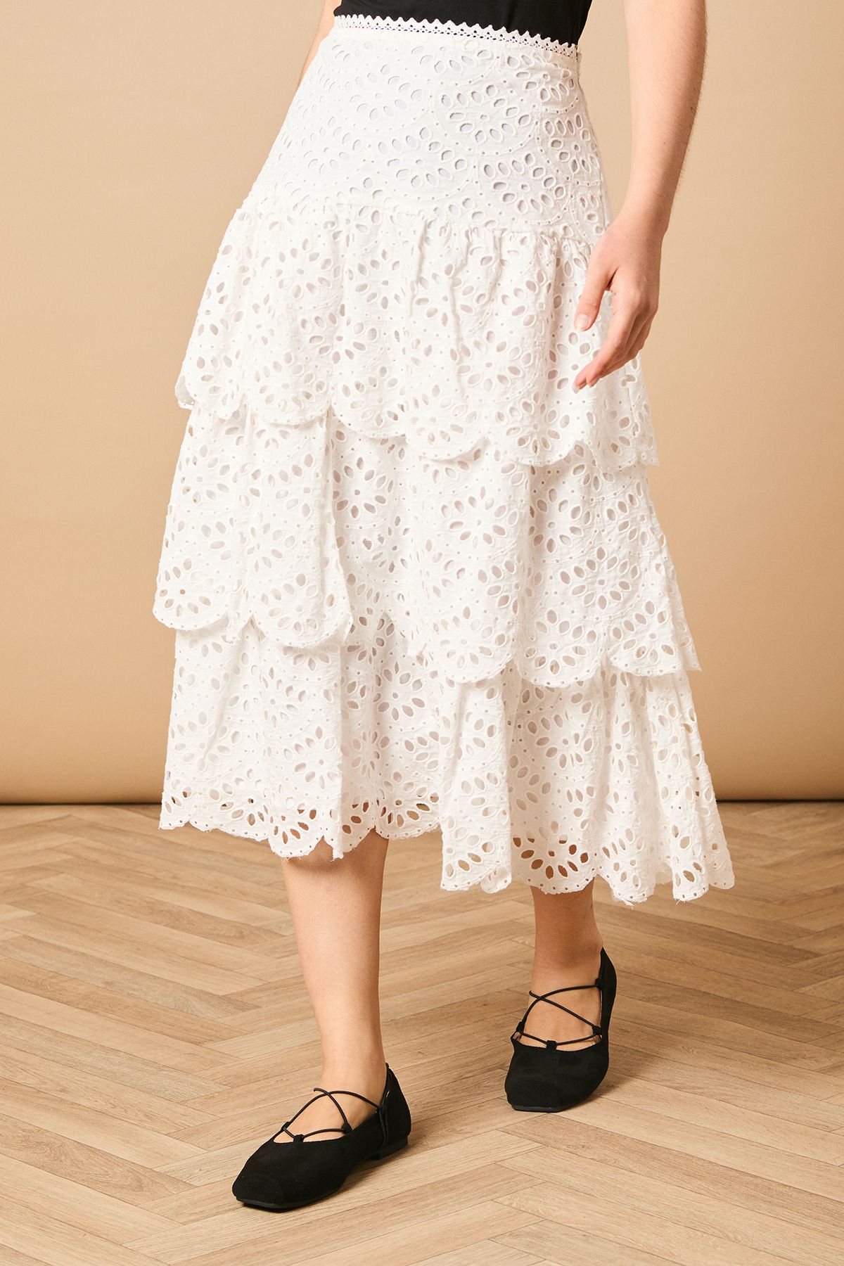 Oasis Broderie Tiered Midi Skirt White image 1