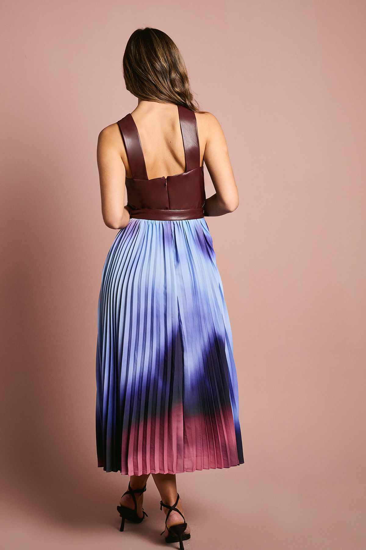 Coast Sleeveless PU Midi Dress With Cross Neck And Belt Burgundy image 3