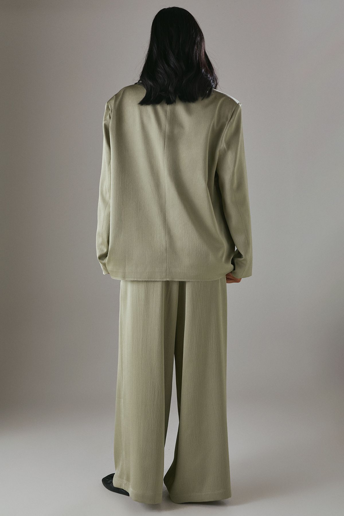 Warehouse Relaxed Satin Wide Leg Trousers with Raw Edge Waistband Khaki image 3
