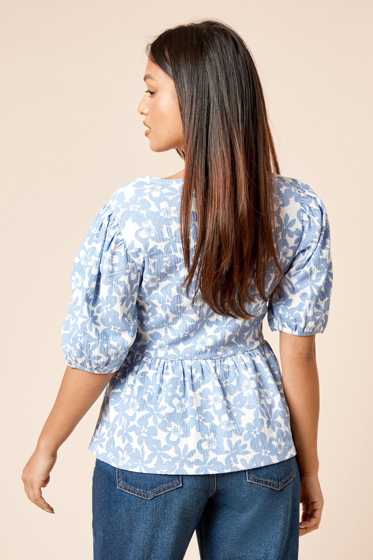 Dorothy Perkins Petite Floral Bow Tie Front Puff Sleeve Jersey Top Blue image 3