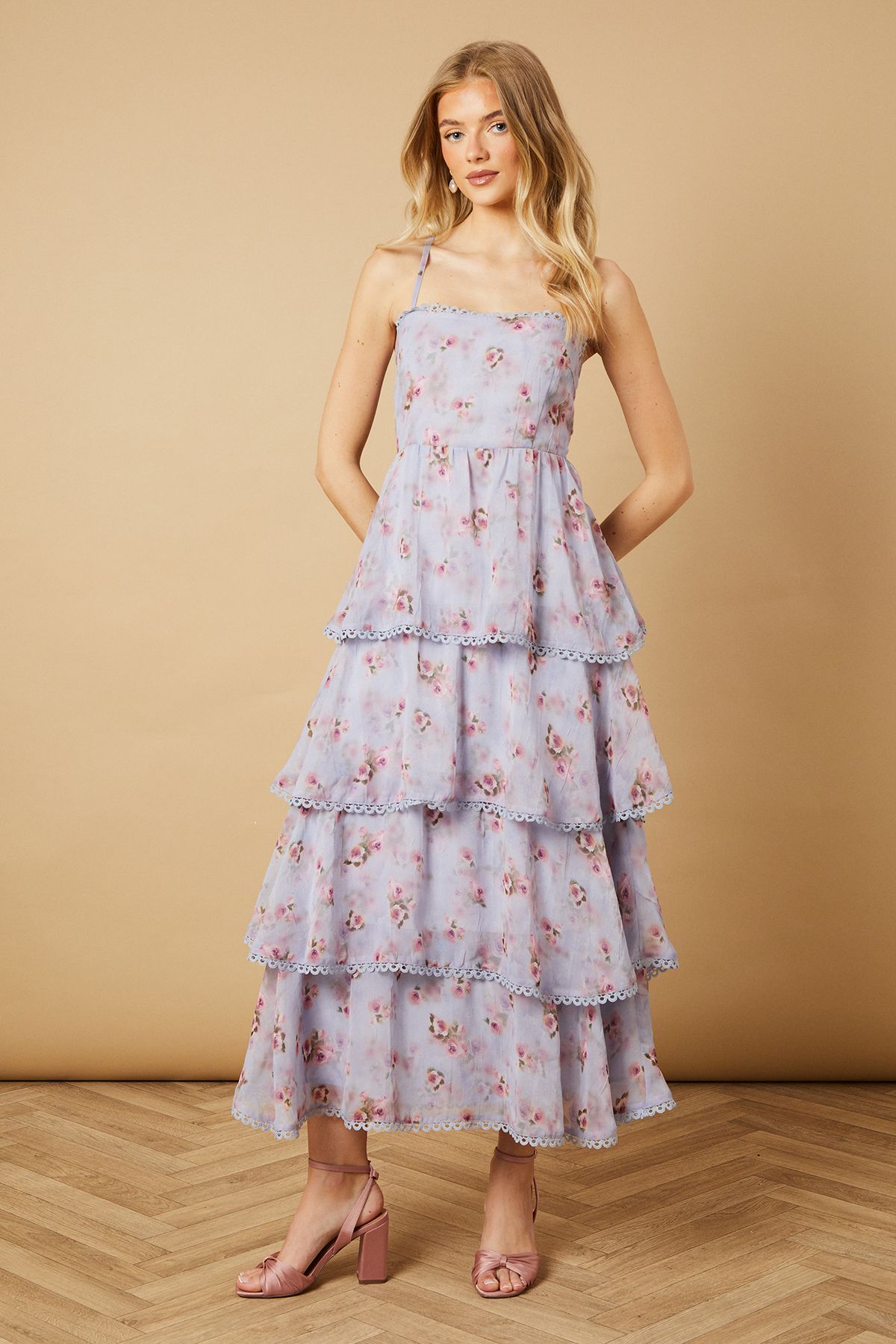 Oasis Printed Tiered Halterneck Spaghetti Strap Maxi Dress Purple image 1