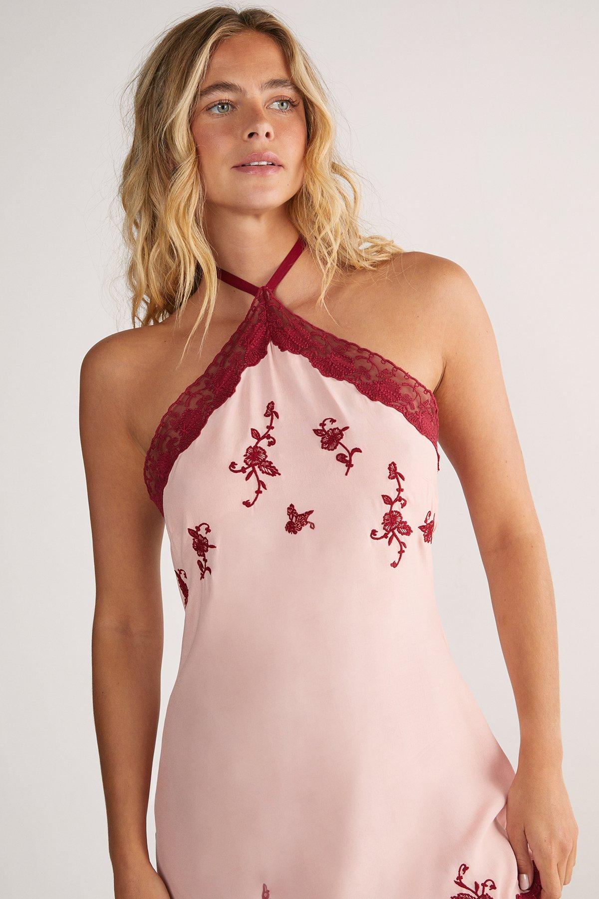 NastyGal Floral Embroidered Lace Trim Halter Neck Fringe Maxi Dress Blush image 3