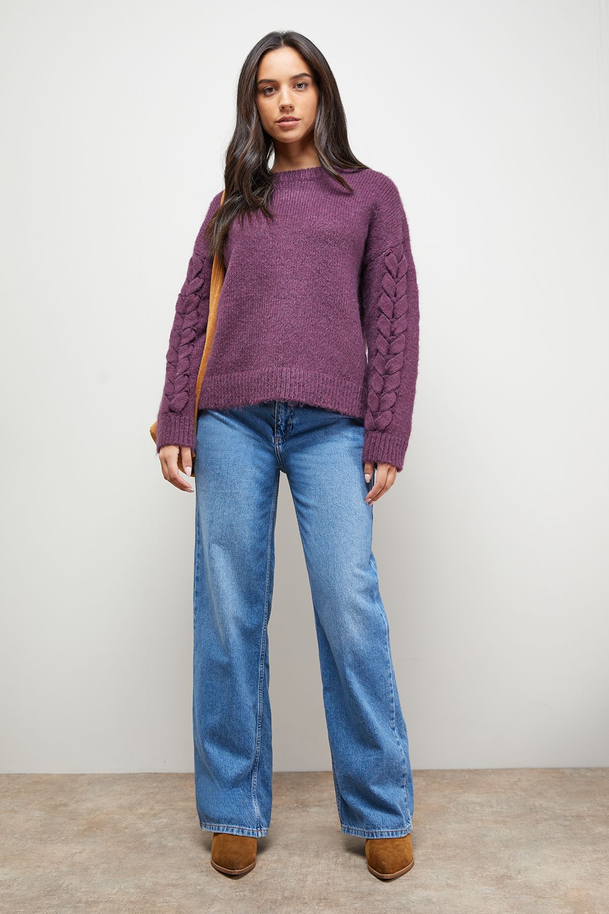Oasis Cable Knit Sleeve Crew Neck Cosy Jumper Aubergine image 4