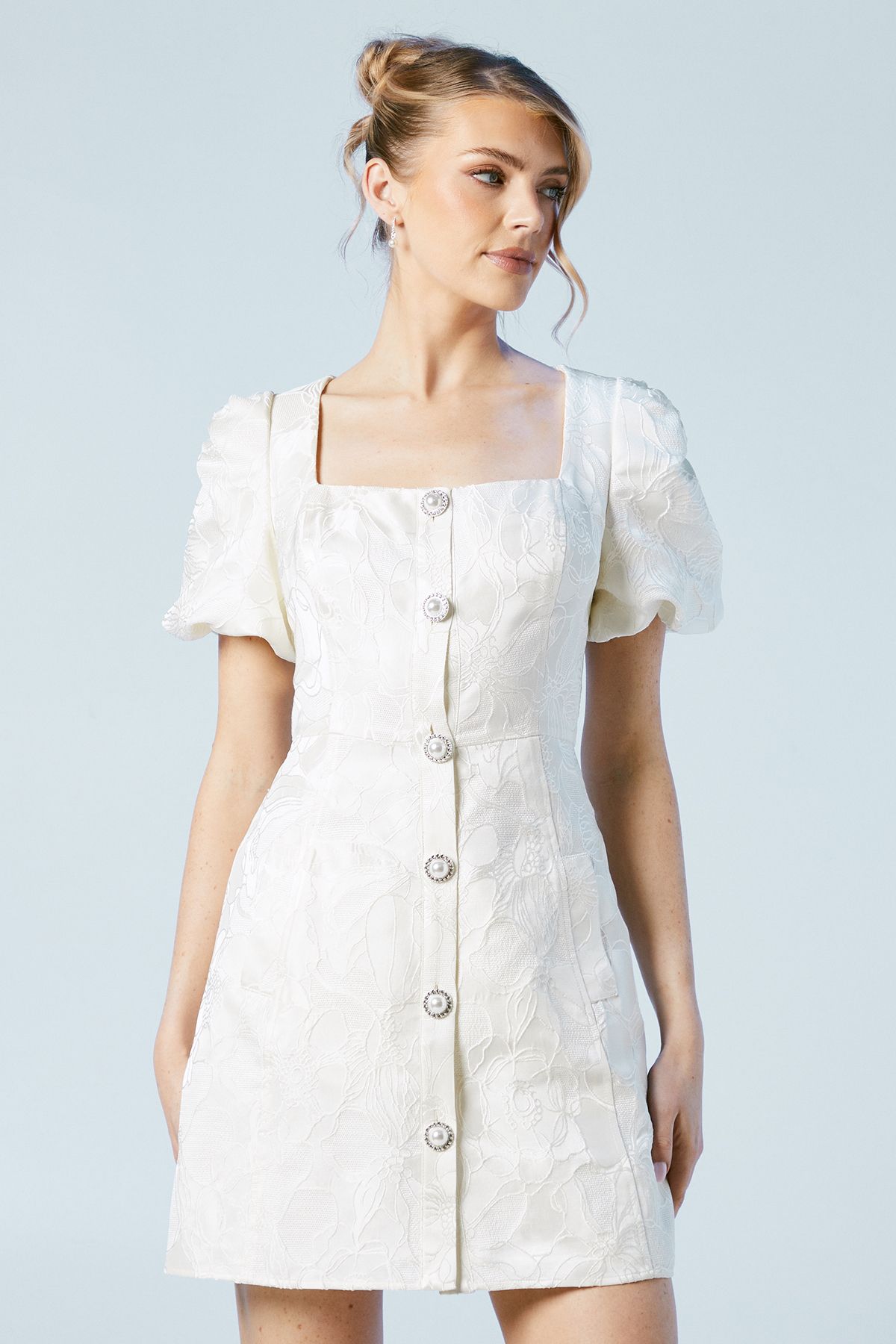 Coast Puff Sleeve Jewel Button Bridal Mini Dress Ivory