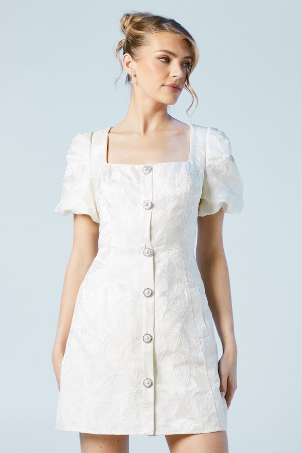 Coast Puff Sleeve Jewel Button Bridal Mini Dress Ivory