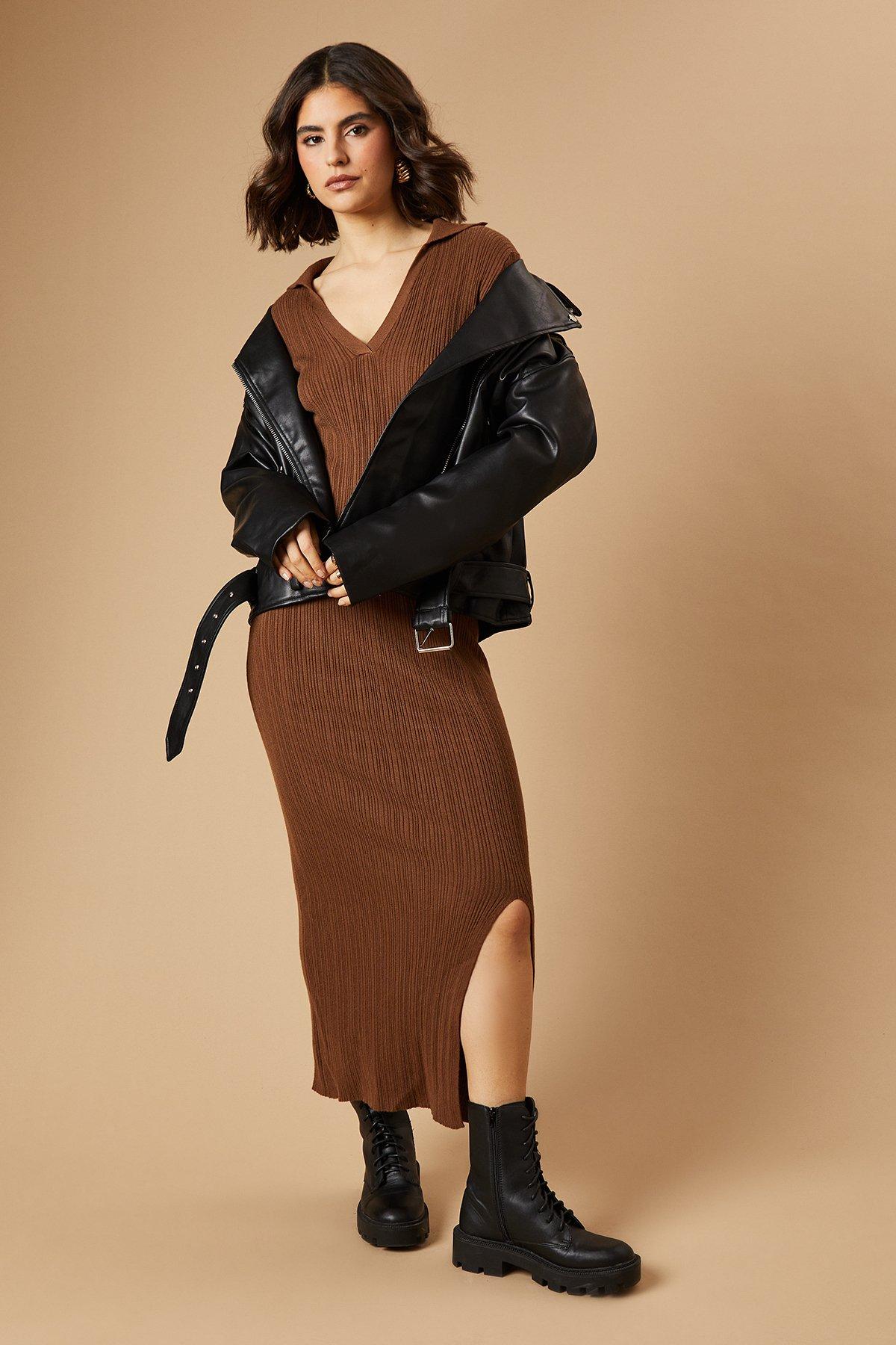Oasis Ribbed Collared Knitted Midi Dress Camel image 1