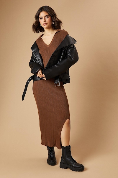 Oasis Ribbed Collared Knitted Midi Dress Camel