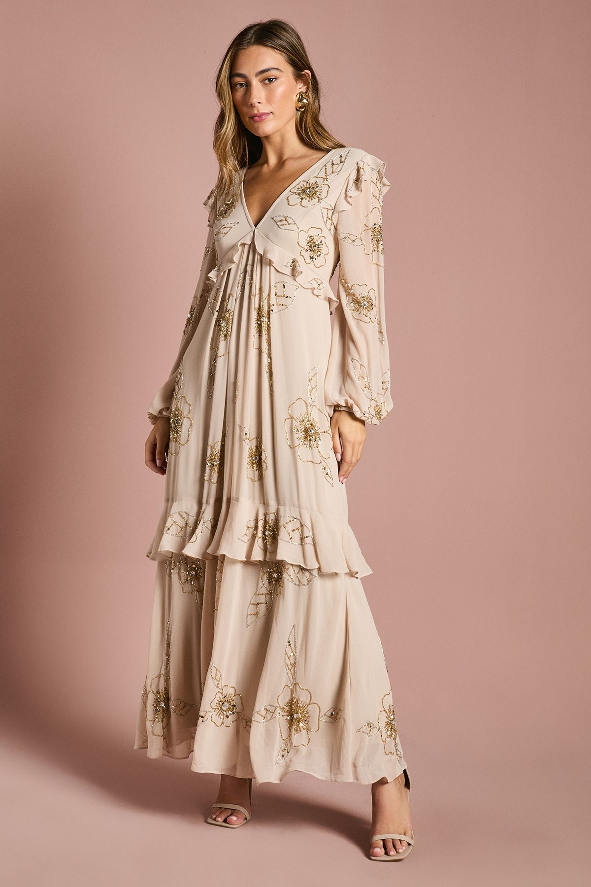 Coast V Neck Embellished Flower Tiered Georgette Midi Dress Ivory image 1