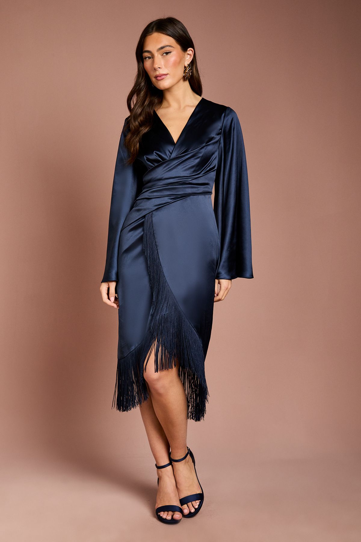Coast Satin Fringe Hem Wrap Waist Midi Dress Navy