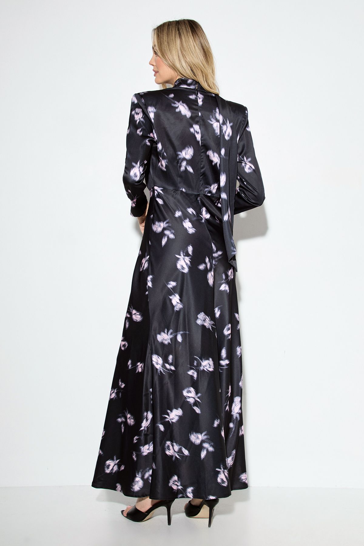 MissPap Premium Floral Print Tie Neck Maxi Dress. Black image 3