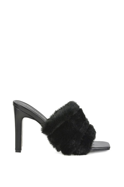 XY London 'Hunter' Fluffy Faux Fur Square Toe Slim Block Heel Mules