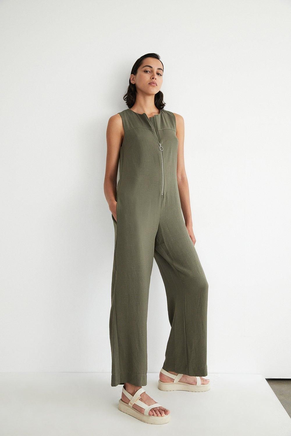 Warehouse Topstitch Zip Jumpsuit Khaki