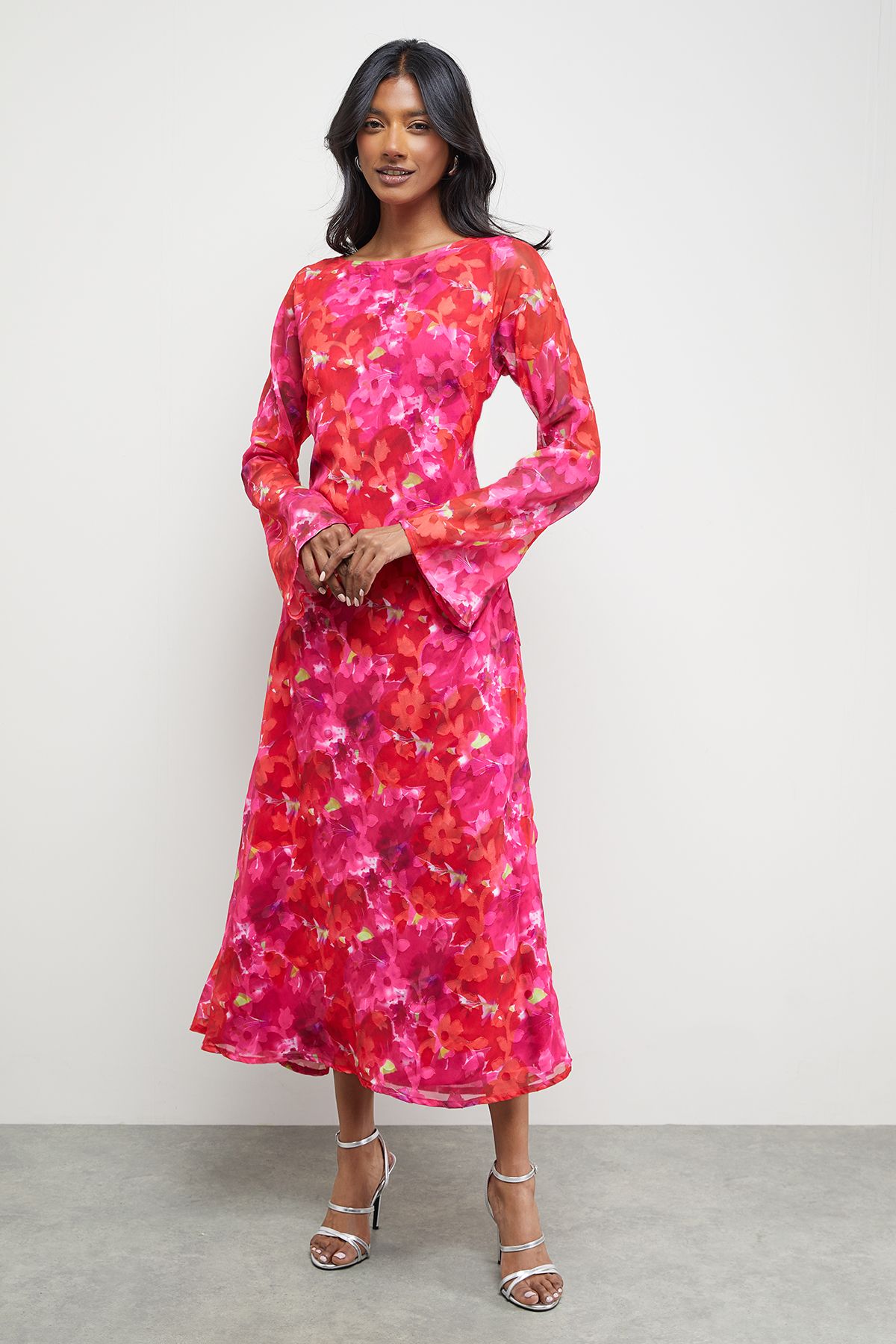 Warehouse Burnout Floral Chiffon Slash Neck Bias Midi Dress Pink image 2