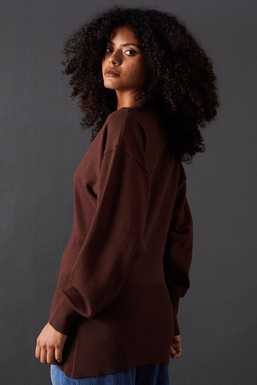 Warehouse Fit And Flare Plunge V Neck Cardigan Chocolate image 3