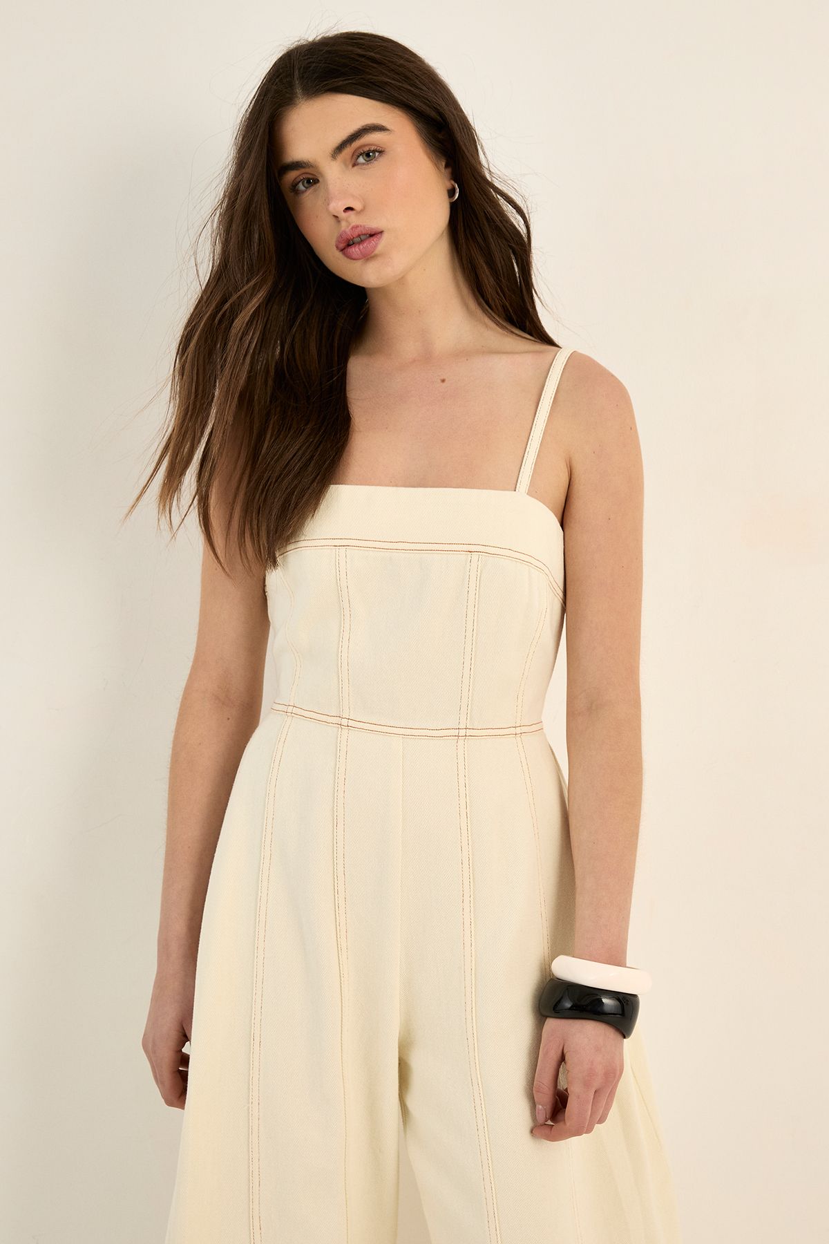 NastyGal Strappy Seam Detail Wide Leg Denim Jumpsuit Ecru image 2