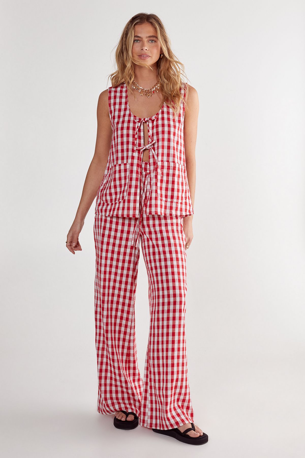 NastyGal Gingham Wide Leg Pants Red image 2