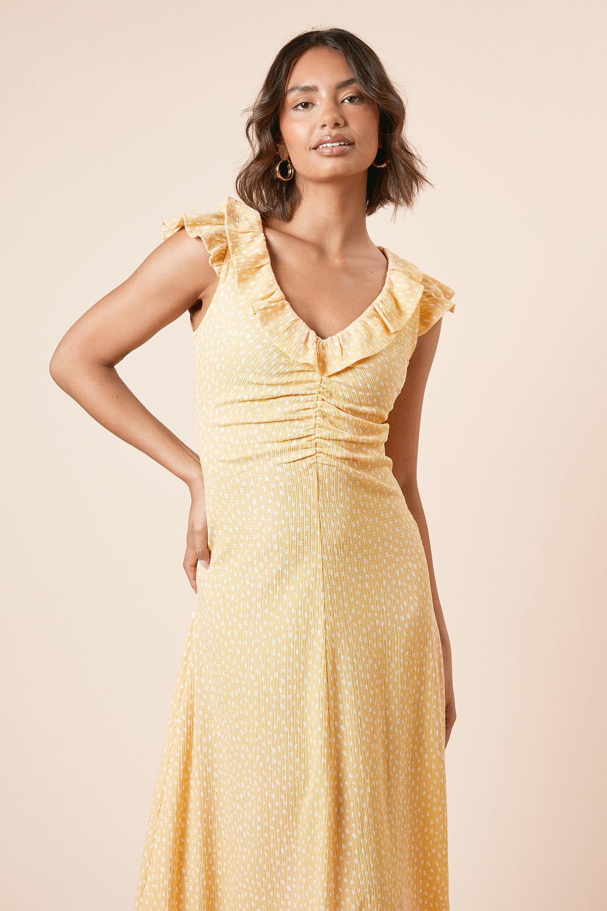 Dorothy Perkins Yellow Spot Frill Neck Ruched Front Jersey Midi Dress Yellow image 2